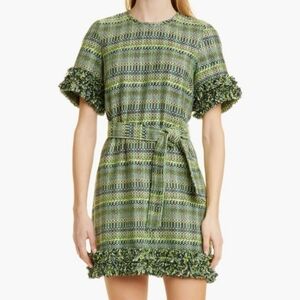 Cinq a Sept Box Weave Easton Dress Green Tweed Plaid Fringe Quiet Luxury